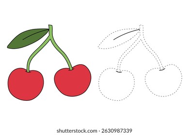 Cherry coloring pages for kids. Trace and color Cherry. Cherry fruit flashcard for kids vector illustration. Letters C is for Cherry. Fun fruit worksheets printable for kids activity.
