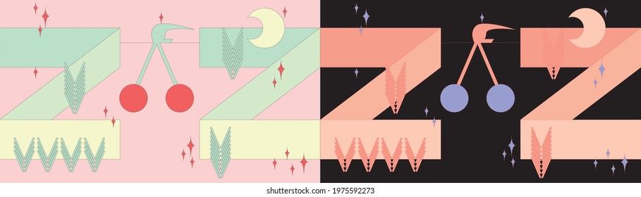 Cherry composition, abstract geometric shapes. Perspective architecture sketches with green plants and cherries. Day and night concept of architectonical visualization and ecological growth analysis.