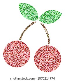 Cherry composition of circle dots in various sizes and color tinges. Round dots are united into cherry vector collage. Dotted vector design concept.