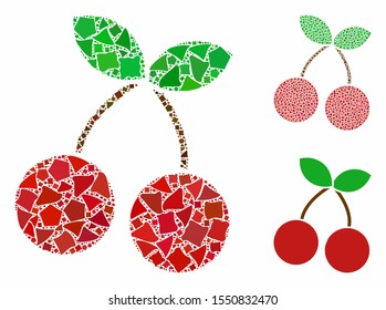 Cherry composition of rugged parts in various sizes and color tones, based on cherry icon. Vector rugged dots are grouped into collage. Cherry icons collage with dotted pattern.