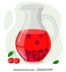 Compota de cerezo en un decantador de vidrio. Beber de frutas caseras. Berries para una bebida saludable de verano. Ilustración vectorial en un estilo plano.