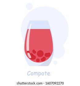 Cherry compote in a glass. Fresh compote, fruit juice. Healthy non-alcoholic drink. Isolated vector flat illustration
