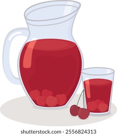 Cherry compote in a glass jug and a glass nearby. Flat illustration with sweet fruit drink