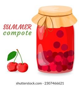 Cherry compote, jam in a glass jar. Canned fruit. Berries for a healthy summer drink. Conservation for future use. Vector illustration for the menu, packaging design in a flat style.