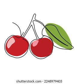 cherry continuous line illustration, one line drawing art cherry color illustration