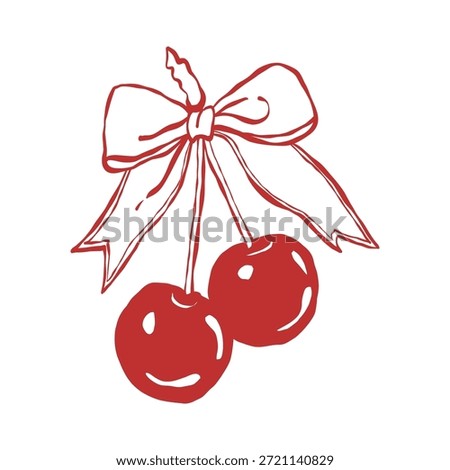 Cherry coquette with bow in red color. Doodle line drawing, fashionable berry for girls, romantic fruit decoration for Valentines Day and invitation templates. Vintage elegant vector illustration.