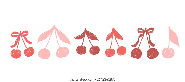 Cherry coquette silhouette crayon drawn set. REd, pink berries with bows and leaves doodle isolated on white background. Fruits grunge textured elements. Vector kid naive illustration by pencil.