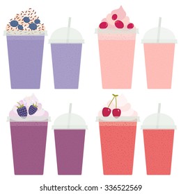 Cherry Cranberry Blueberry Blackberry Take-out smoothie transparent plastic cup with straw and whipped cream. Isolated on white background. Vector