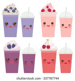 Cherry Cranberry Blueberry Blackberry Take-out smoothie transparent plastic cup with straw and whipped cream. Kawaii cute face with eyes and smile  Isolated on white background. Vector