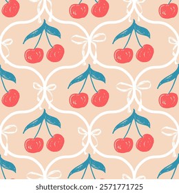 Cherry crayon drawn seamless pattern. Coquette allover background. Damask girly repeat backdrop. Surface pattern design spring ogee motif. Vector hand drawn illustration.