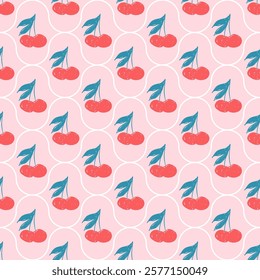 Cherry crayon drawn seamless pattern. Coquette allover background. Damask girly repeat backdrop. Surface pattern design fruit ogee motif. Vector hand drawn illustration.