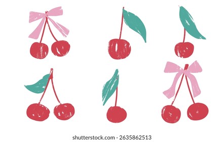 Cherry crayon drawn set. Coquette berries with bows and leaves doodle isolated on white background. Fruits grunge textured elements. Vector kid naive illustration by pencil.