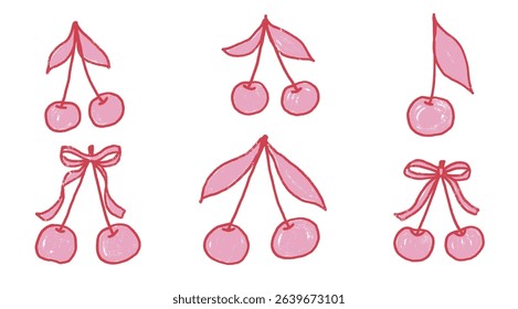 Cherry crayon drawn set. Coquette red and pink stroke berries with bows and leaves doodle isolated on white background. Fruits grunge textured elements. Vector kid naive illustration by pencil.