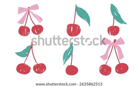 Cherry crayon drawn set. Coquette berries with bows and leaves doodle isolated on white background. Fruits grunge textured elements. Vector kid naive illustration by pencil.