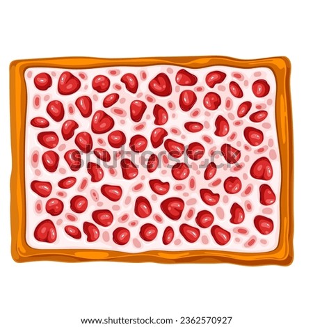 Cherry cream pie, top view vector illustration. Cartoon isolated whole classic rectangular fruit tart with gourmet creamy vanilla filling and crust, healthy homemade clafoutis pie with baked red berry