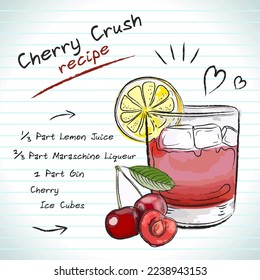 Cherry Crush cocktail, vector sketch hand drawn illustration, fresh summer alcoholic drink with recipe and fruits	
