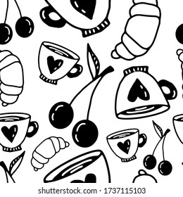 Cherry, cup, croissant seamless pattern in doodle style on isolated white background. Print food hand drawn. Stock vector illustration.