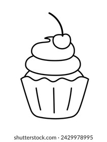Cherry cupcake coloring book. Black and white cupcake. Color me. Isolated vector illustration eps
