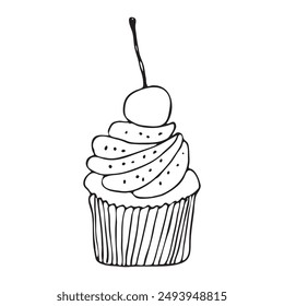 Cherry cupcake. Cream and cherry dessert. Hand drawn vector illustration. Black and white sketch.