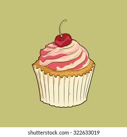 Cherry cupcake hand drawn illustration. Vector svg
