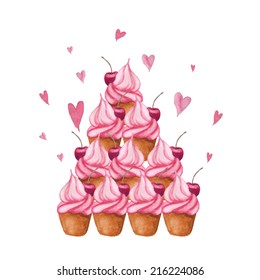 Cherry cupcake with hearts background. Retro watercolor illustration.