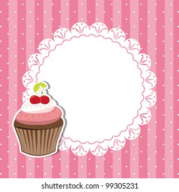 Cherry cupcake invitation card on seamless pattern background