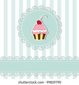 Tarjeta de invitación de cupcake de cereza sobre fondo de patrón transparente