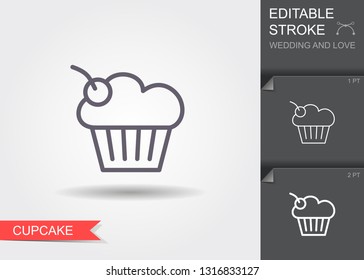 Cherry cupcake. Line icon with editable stroke. Linear wedding symbol