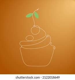 A cherry cupcake made in the style of one continuous line on an isolated background. An option for a restaurant icon, an online store icon, a logo or a packaging design element.Vector.