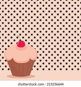 Cherry cupcake on black polka dots pink background vector illustration