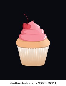 Cherry cupcake on a dark background. Cute dessert illustrations. Berry muffins for menus, cafes, postcards, holidays. Vector, eps 10