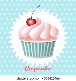 Cherry cupcake on a polka  dot background, vector illustration.