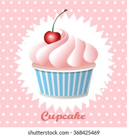 Cherry cupcake on a polka  dot background, vector illustration.