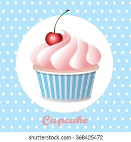 Cherry cupcake on a polka  dot background, vector illustration.
