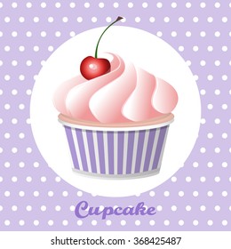 Cherry cupcake on a polka  dot background, vector illustration.