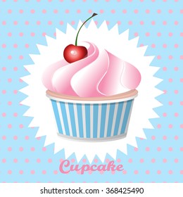 Cherry cupcake on a polka  dot background, vector illustration.
