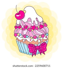 Un bizcocho de cerezo con un fondo amarillo. Ilustración vectorial. Decoración con crema, nueces y cerezas. Postre festivo, horneado. Para el diseño de impresiones, afiches, postales, banners, etc. Vector
