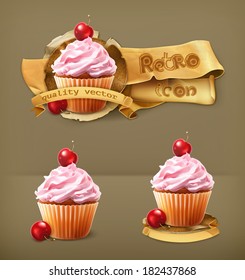 Cherry cupcake, retro vector icon