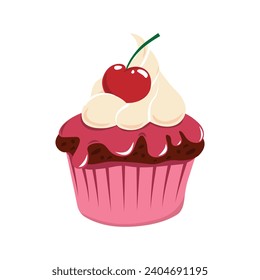 Cherry cupcake with rose cream. Vector flat illustration. Birthday Party Element. Bakery element.