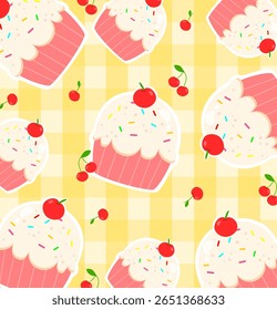 Cherry cupcake padrão sem costura com fundo de gingham. Pode ser usado para papel de parede, impressão, papel de embrulho, decoração infantil, elemento de menu e tecido de moda