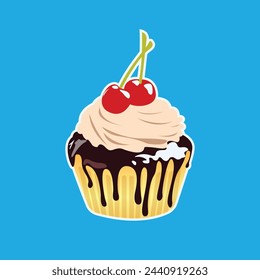 Cherry cupcake vector, with cherries and chocolate jam and whip cream.