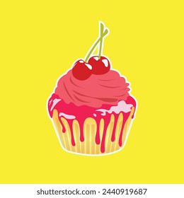 Cherry cupcake vector, with cherries and strawberries jam and strawberries whip cream.
