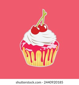 Cherry cupcake vector, with cherries and strawberries jam and whip cream.