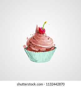 Cherry cupcake. Vector illustration. Artistic style