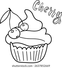 Cherry cupcake vector illustration. Hand drawn in doodle. Isolated on white background. Muffin outline, icon, card, menu. Cupcake with cream and cherry and lettering
