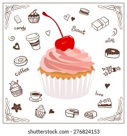 Cherry cupcake, vector illustration for your design. Cake with cream. Sweet food, delicious yummy isolated. Doodle hand drawn background with sweets, coffee, cake, tea and candy