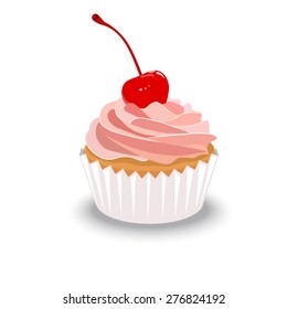 Cherry cupcake, vector illustration for your design. Cake with cream. Sweet food, delicious yummy isolated