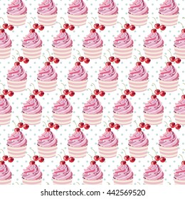 Cherry cupcakes pattern Vector. Retro dotted background