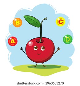 Cherry cute character with vitamin drops, illustration for kids in cartoon style.Vector Illustration about the Benefits of Cherry. Persimmon Loaded with Nutrients. Kawaii style. Flat Design..