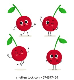 Cherry. Cute Fruit Vector Character Set Isolated On White